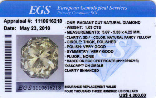 BARGAIN - EGS certified  1.03ct Fancy Yellow { SI 3 } Radiant Cut Diamond - Value R31 000.00